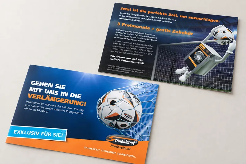 Fotorealistisches Mockup eines doppelseitigen A5-Flyers von Schneidereit zur EM 2024. Vorder- und Rückseite liegen versetzt auf hellem Untergrund und zeigen Fußballmotive sowie Angebote zur Vertragsverlängerung in Blau und Orange.