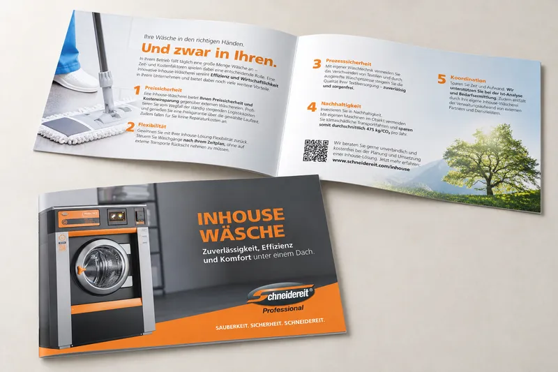 Fotorealistisches Mockup des mittig gefalzten A5-Vierseiters „Inhouse Wäsche“ von Schneidereit: geschlossenes Titelblatt mit Waschmaschine und aufgeklappte Innenseiten auf hellem Untergrund.