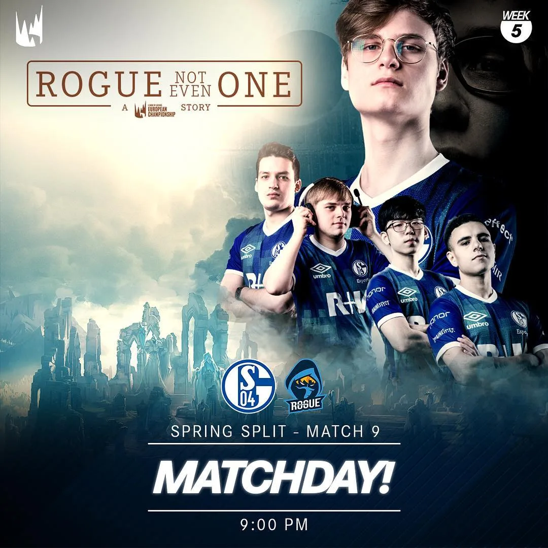 Matchday Grafik von S04 Esports mit den League of Legends Spielern des Teams. Angelehnt an das Filmplakat des Films Star Wars Rogue One.